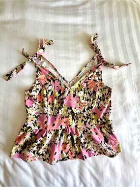 Nine West Pink Floral Tie-Shoulder Peplum Camisole